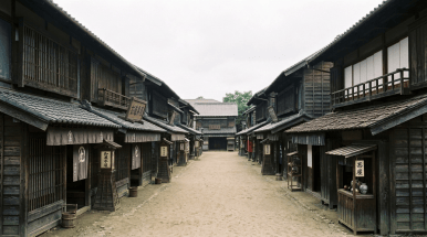 Black-and-white historical Japanese street with shops, pedestrians, and samurai